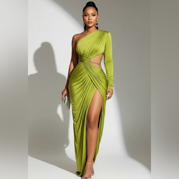 Loragal Dresses & Skirts - Asymmetrical One-Shoulder Lime Green Evening Gown